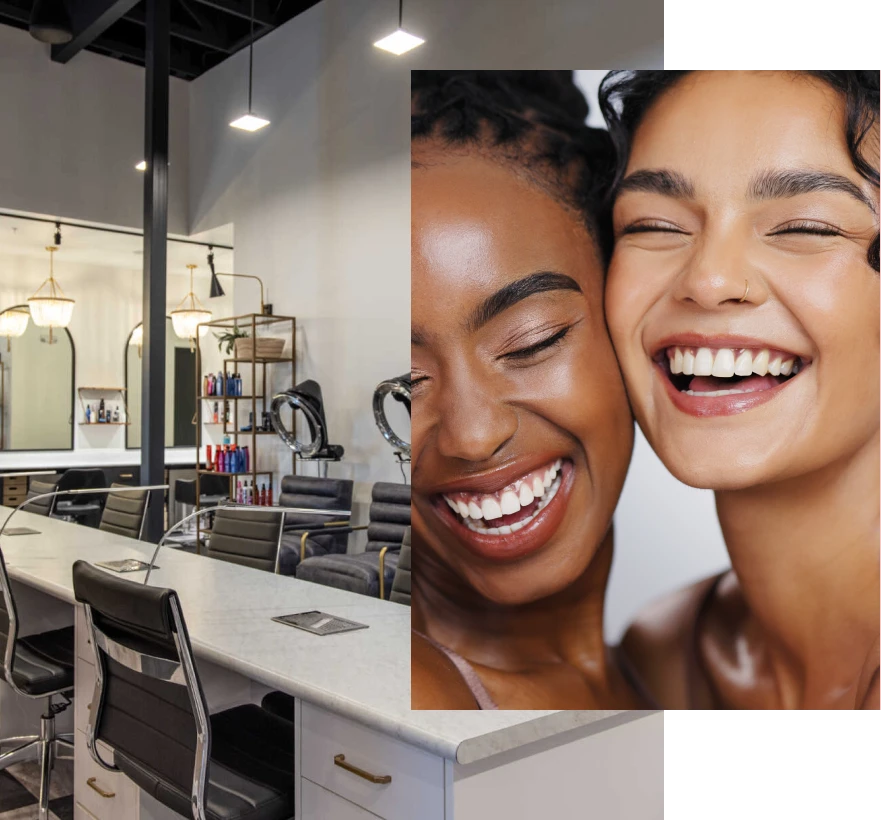 Two smiling friends in front of the Pedi & Mane salon floor